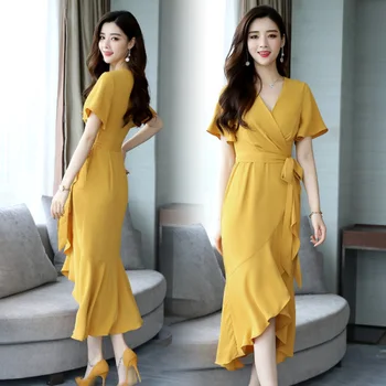 

Goddess Dress For Women Yellow Ruffles Ladies Dresses Irregular Korean Dress Luxury Women Dresses Vestidos De Fiesta De Noche