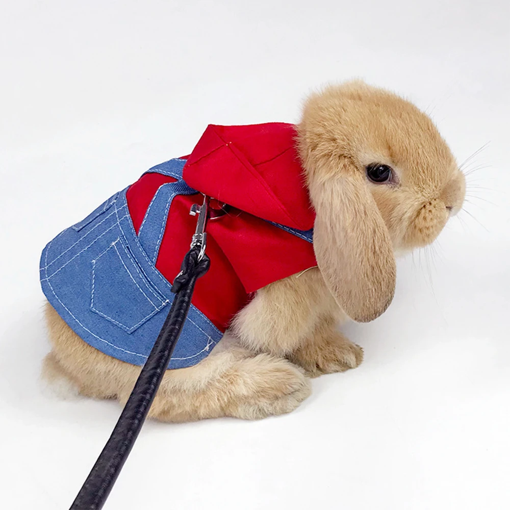 Pet Rabbit Clothes Denim Jacket Coat Small Animal Harness Leash Vest