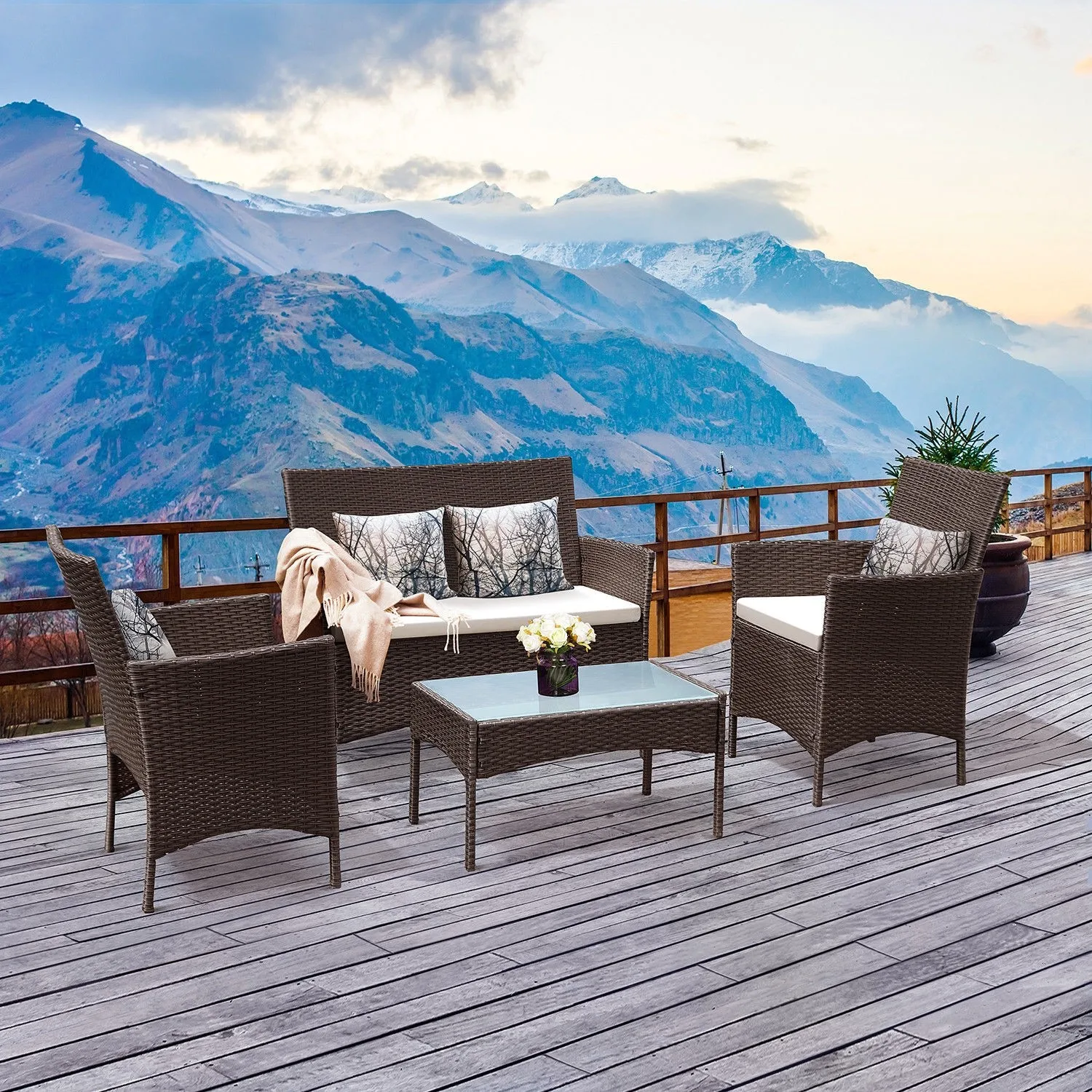 

Costway 4 PC Patio Rattan Wicker Chair Sofa Table Set Outdoor Garden Furniture Cushioned