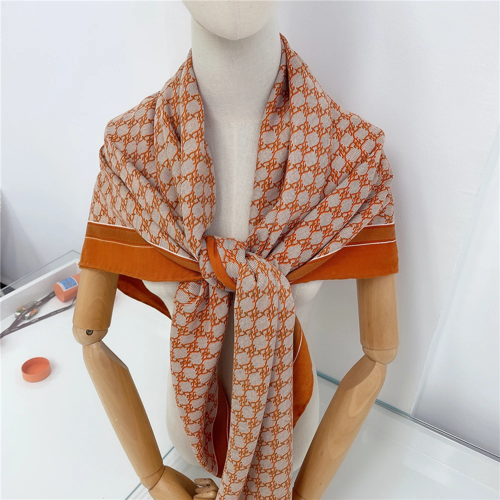 

POBING Silk Cashmere Scarf Women Hand Rolled Shawls Letters Print Square Scarves Wraps Lady Bandana Big Hijabs Female Foulards