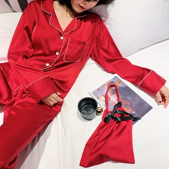 

Daeyard Silk Pajamas For Women Casual Long Sleeve Pyjamas Sleepwear Oversize 2 Pcs Pijama Set With Bags Sexy Nightwear Homewear