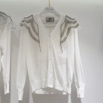 

2020 Spring and Summer New Temperament Thin Cardigan Coat Heavy Lace Beaded Knitting Shirt Jacket Female Sweaters Girls Tops