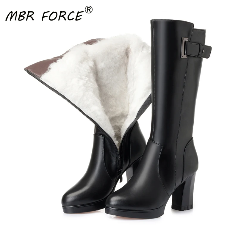 

MBR FORCE Wool Women Snow Boots Genuine Leather Warm Thick Bottom high heel Shoes Plush Boots Fashion Leisure Woman Winter Boots
