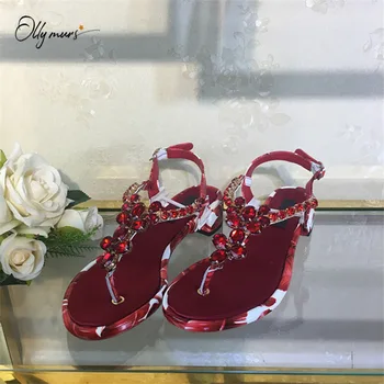 

OllyMurs New Fashion Style Crystal Women Summer Sandals Green Red Buckle Strap Chunky Low Heel Women Sandals Beach Shoes Woman