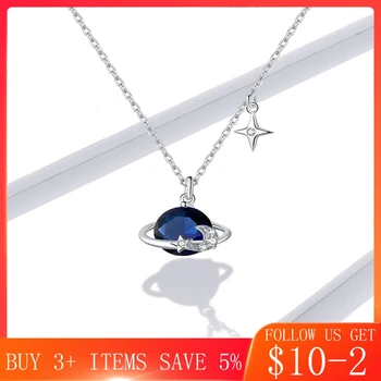 

New 925 Sterling Silver Blue Planet Pendant Necklace for Women Stars Design Engagement Statement Jewelry Colllar CMN166
