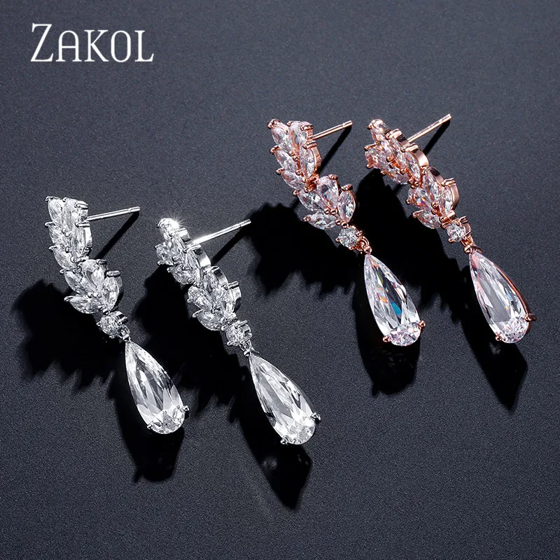 ZAKOL White Color Flower Shape Zircon Water Drop Crystal Pendant Drop Earrings For Women Bridal Wedding Jewelry FSEP50L