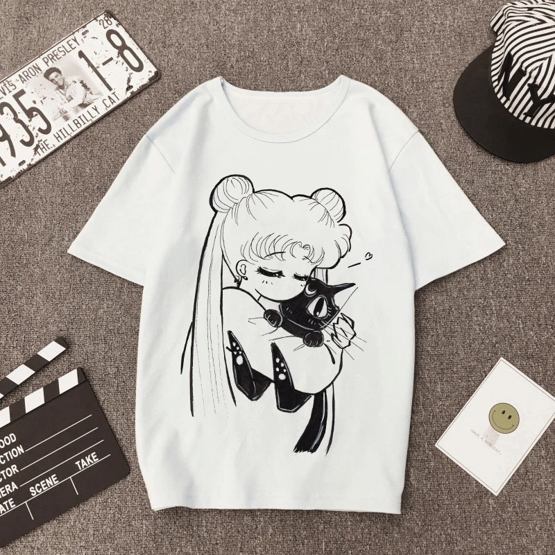 Сейлор Мун Лето Новая модная футболка Harajuku короткий рукав Забавный Ulzzang футболка большой глаз девушка футболка мультфильм женские топы тройники