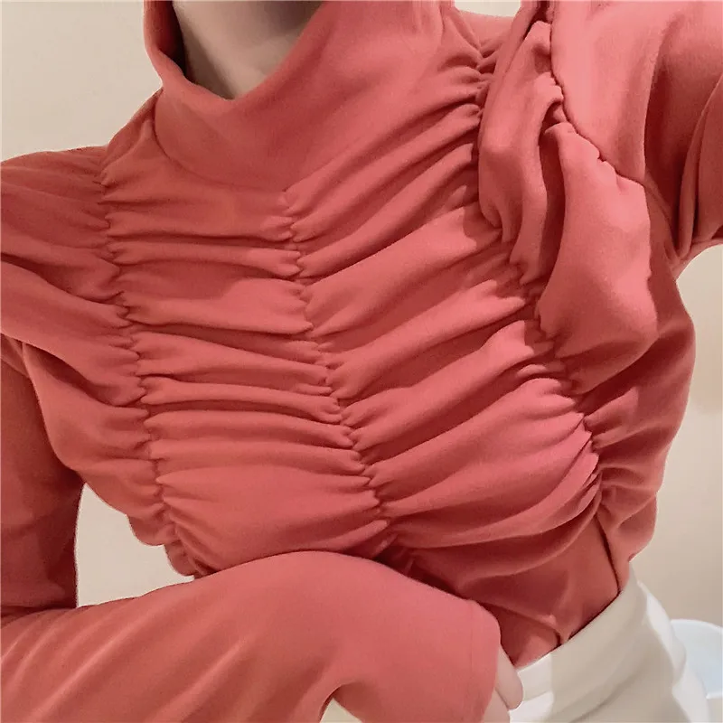 Весенние, Осенние, зимние футболки normcore в минималистическом стиле, футболки с длинным рукавом, модные брендовые корейские женские футболки с высоким воротом, базовый топ