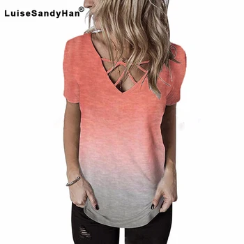 

Women's V-neck Chest Cross Personality T-shirt Rainbow Gradient Casual Printed Color Short-sleeved T-shirt Female 2020 Summer