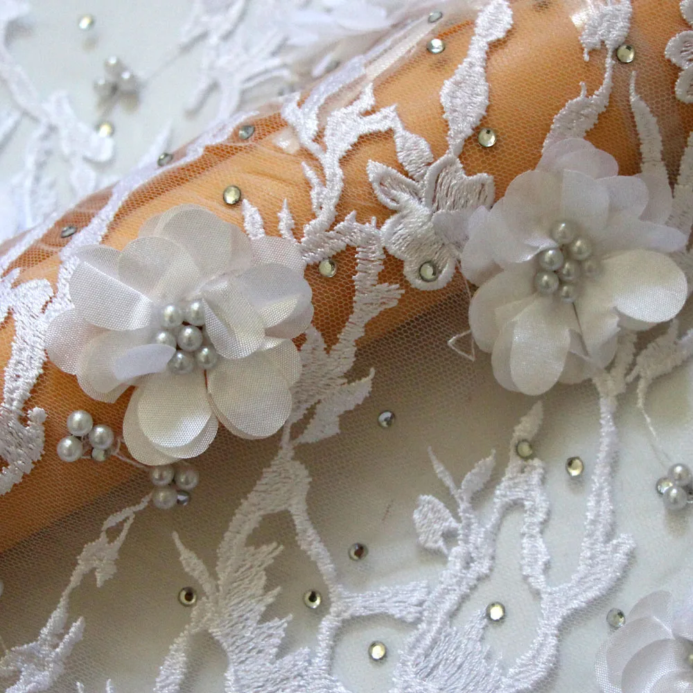 

Ourwin 5 yards clearance sale 3d white lace fabric with beads stones high quality african lace fabric for nigerian wedding dress