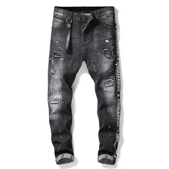 

European American Style Famous Brand Black jeans Men slim jeans patchwork letter Moto & Biker jeans pants black hole jeans