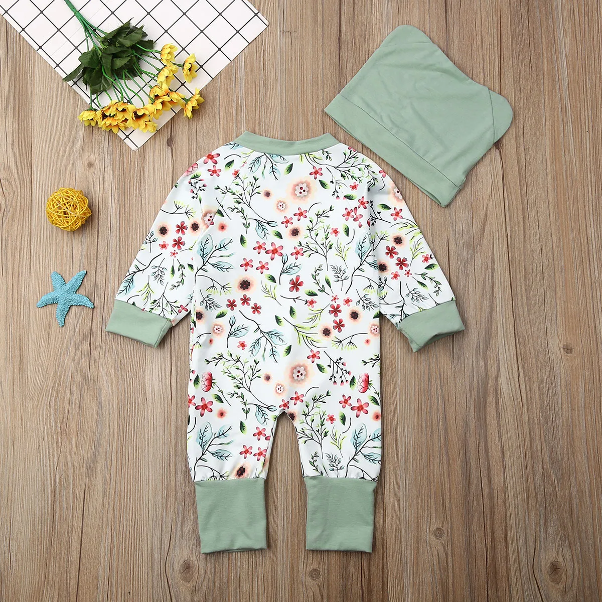 Emmababy, 2 предмета, г. Одежда для малышей Детская одежда с цветочным принтом для девочек, одежда для детей, комбинезон+ шапочка, комплект одежды