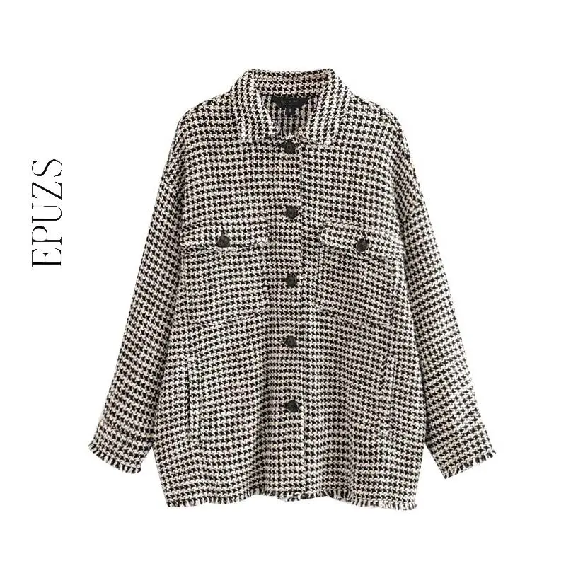 

Vintage tassels oversized tweed jacket women winter jacket casual loose button plaid coat ladies office outwear 2020