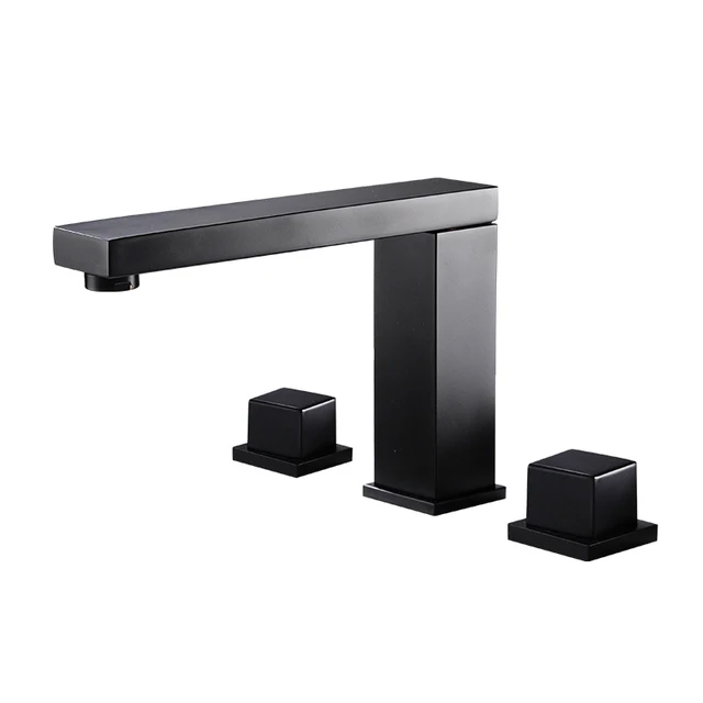 อ่างล้างหน้าก๊อกน้ำอ่างล้างหน้าก๊อกน้ำสีดำทองเหลือง3หลุมคู่หรูหรา Bathbasin อ่างอาบน้ำ Tap Cold Mixer น้ำ 6