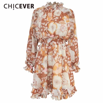 

CHICEVER Print Floral Ruffle Dress For Women O Neck Long Sleeve High Waist Dresses Female Vintage Autumn Fashion New 2020