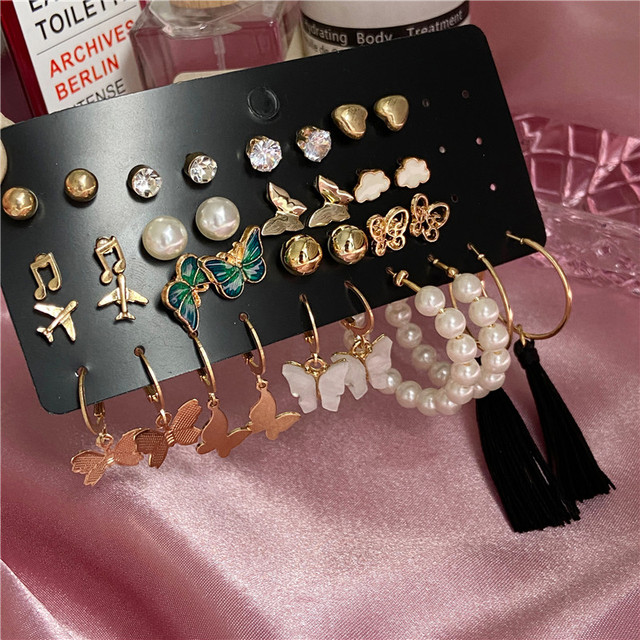 Geometric Gold Silver Color Cubic Zircon Crystal Stud Earrings Set For Women Fashion Pearl Earrings Gifts Jewelry