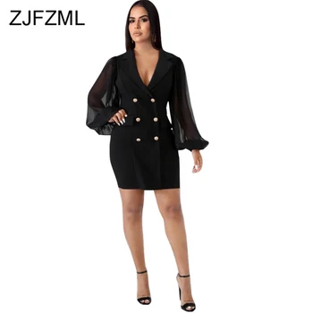 

Transparent Mesh Lantern Sleeve Sexy Blazer Dress Women Deep V-Neck Double Button Bodycon Dress Causal Autumn Black Mini Dress