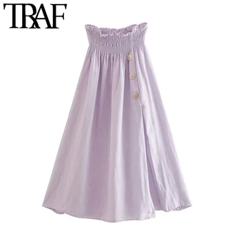 

TRAF Women Chic Fashion With Buttons Pleated Midi Skirt Vintage High Elastic Waist Side Slit Female Skirts Faldas Mujer