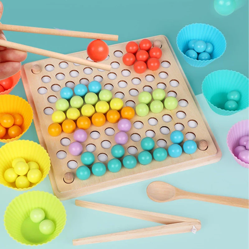 

New Arrival Baby Using Chopsticks/Spoon Practice Rainbow Bead Clipping Wooden Toys For Kids Educational Preschool Teaching Aids
