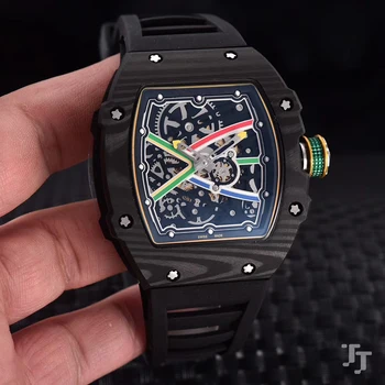 

New Men Automatic Mechanical Red Black Canvas Rubber Bracelet Watch Tourbillion Limited Sapphire Carbon Fiber Swing 28800