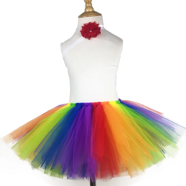 Falda de tutú de arcoíris para niñas, hecho a mano de tul de Ballet, conjunto de lazo de pelo de flor roja, de disfraz de fiesta para _ -