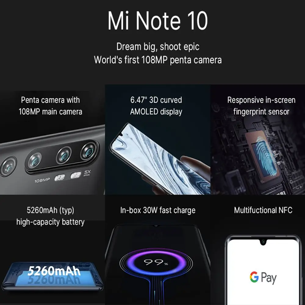 Xiaomi Note 10 Pro с глобальной версией 8 ГБ 256 ГБ/Note 6 + 128 Гб Смартфон Snapdragon 730G NFC 5260 мА/ч 30 Вт