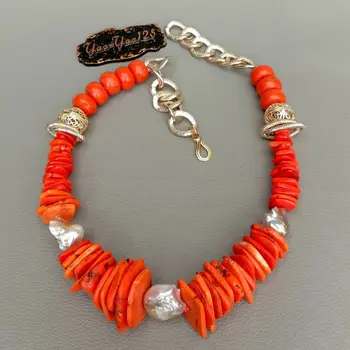 

23" Cultured Keshi Pearl Orange Disc Turquose Coral Necklace