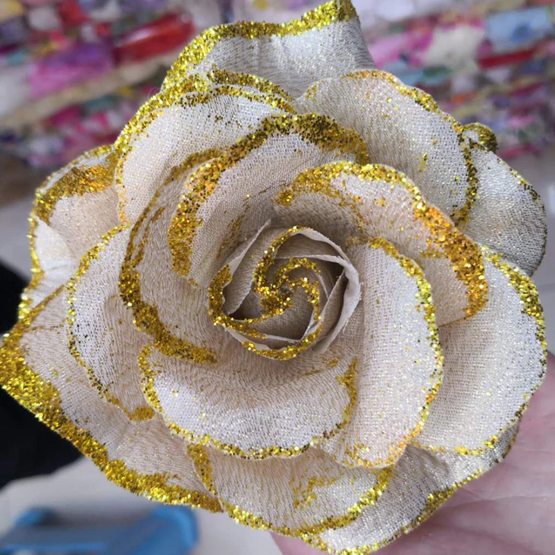 30PCSGoldRoseArtificialSilkFlowersHeadsForWeddingDecoration