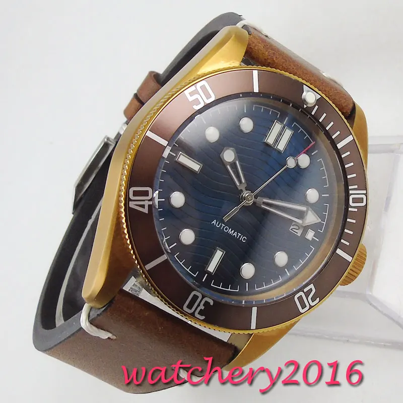 Classic 41mm Bronze Plated Men's Watch Auto Date Blue Dial Wave Pattern Sapphire Glass