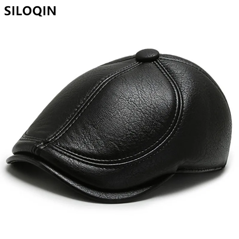 SILOQIN New Middle-aged Men's PU Leather Cap Winter Faux Leather Warm Berets Men Thick Earmuffs Hat Adjustable Size Tongue Caps