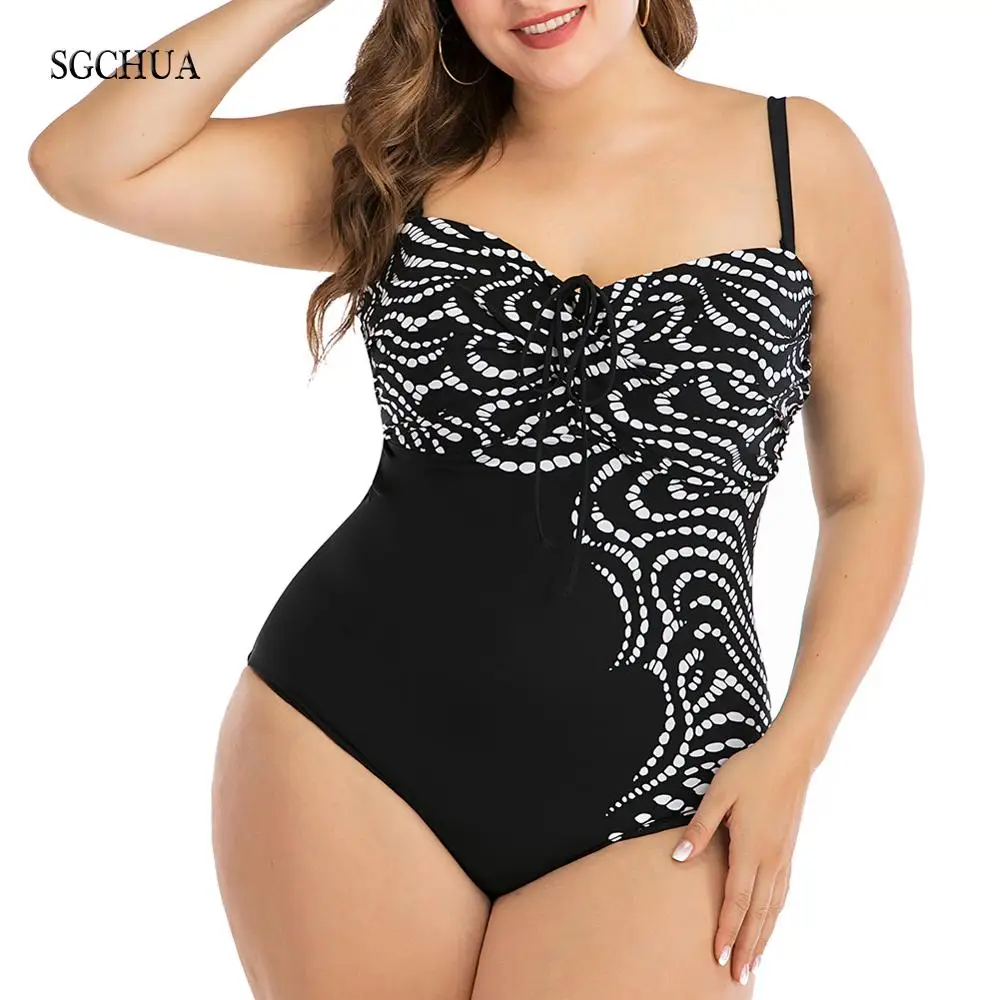 

SGCHUA 2020 New Large Size 6XL Print One Piece Swimsuit Women 5XL Plus Big Swimwear Fat Patchwork Slim Shape Beach Bathing Suit