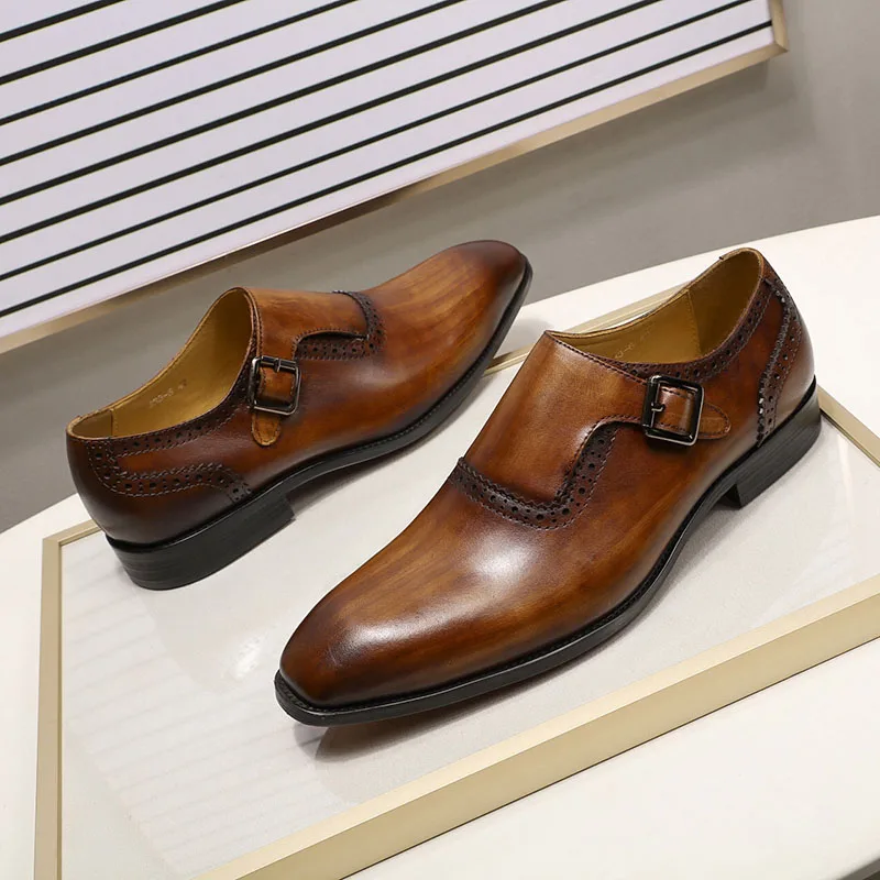 FELIX CHU Men Dress Shoes Plain Toe Genuine Leather Brown Hand Painted Buckle Monk Strap Business Office Mens Formal Suit Shoes