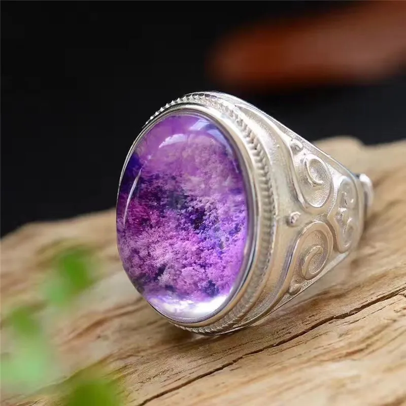 Стильное и элегантное светло-Фиолетовое натуральное кольцо с кристаллами призрака 925 Серебряное кольцо счастливое для мужчин и женщин подарок кристалл кольцо в стиле ретро ювелирные изделия