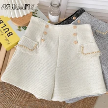 Fakuntn nova cintura alta tweed shorts feminino casual solto senhoras moda primavera outono botão fino shorts all match