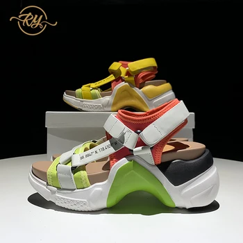 

RY-RELAA women sandals 2020 summer new fashion Genuine Leather platform sandals ins luxury shoes women high heels sandals women