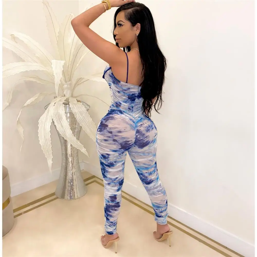 Beyprern Fashion Sleeveless Tie-Dye Printed Sexy Jumpsuit Women Overalls Summer Fashion Mesh Ruched Party Jumpsuit Female Romper Beyprern Fashion Sleeveless Tie-Dye Printed Sexy Jumpsuit Women Overalls Summer Fashion Mesh Ruched Party Jumpsuit Female Romper