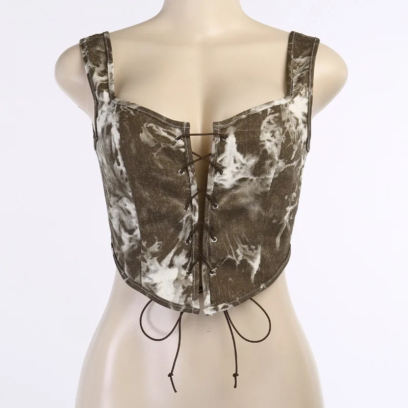 Women's Hollow Lace-up Sleeveless Short Crop Top Square Neck Low-cut Sexy Vest Backless Bottoming Shirt Autumn Lady Party Wear