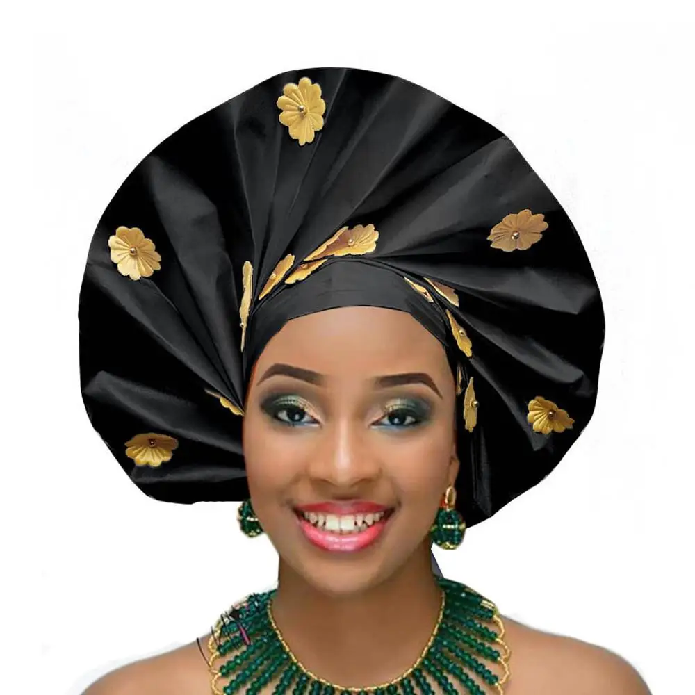 Африканские головные уборы Авто Асо Оке геле нигерийские головные уборы асаби Африканский Тюрбан повязка на голову - Цвет: black