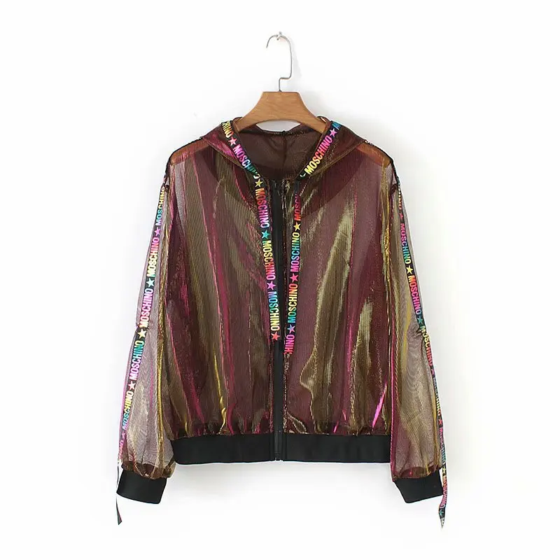 

Spring New Style Western Style Casual Hooded Coat Color Changing Reflective Lettered Ribbon Gauze Thin Jacket