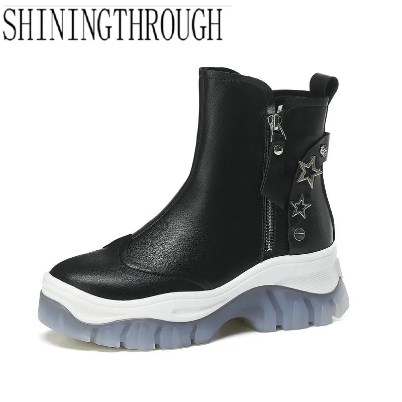 Boots Women 2019 Genuine Leather Chelsea Boots Handmade Ankle Boots Brand Round Toe Platform High Heel Shoes Woman