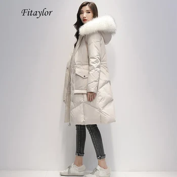 

Fitaylor Winter Long Duck Down Jacket Women Hooded White Duck Down Parka Thick Warm Large Artificial Raccoon Fur Collar Overcoat