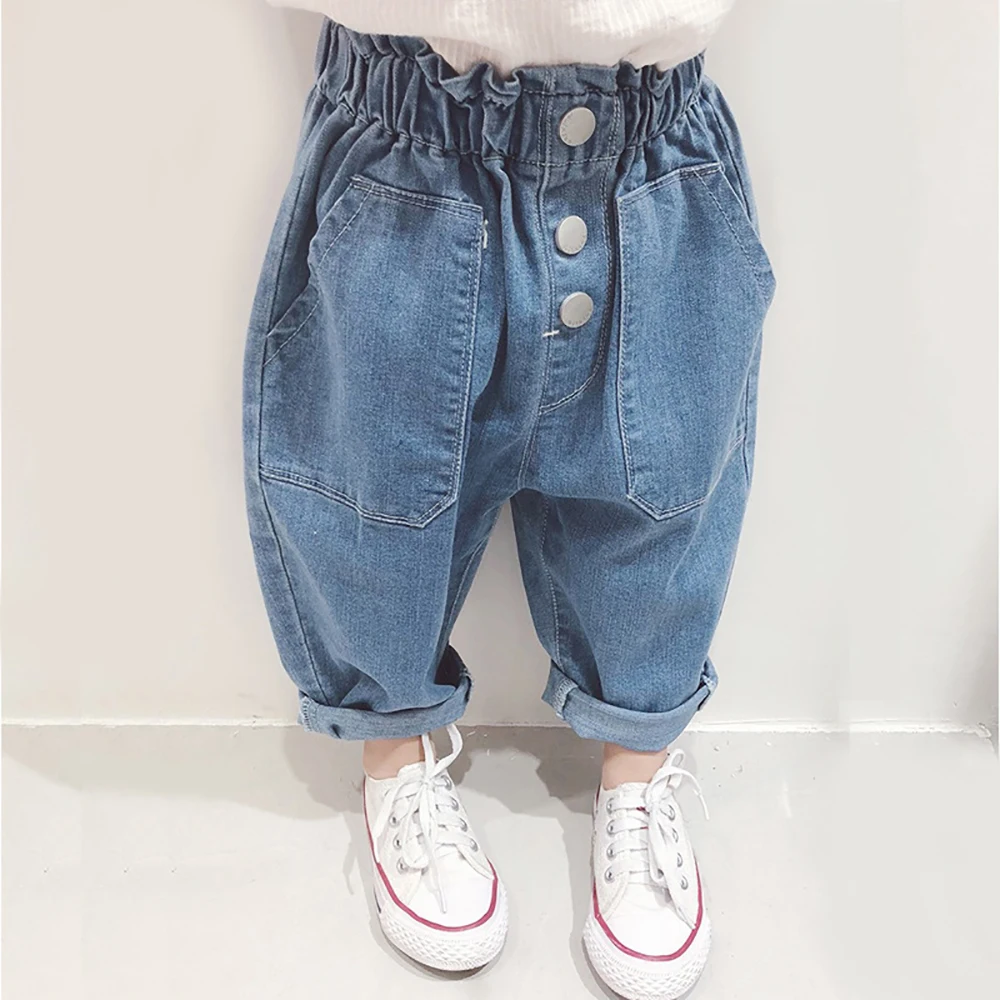 Г. Джинсы для девочек на весну и осень, детская одежда детские однотонные штаны брюки средней высоты модная одежда для малышей