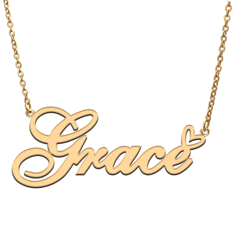 

Grace with Heart Name Necklace for Women Stainless Steel Jewelry Nameplate Pendant Femme Mother Child Girls Gift