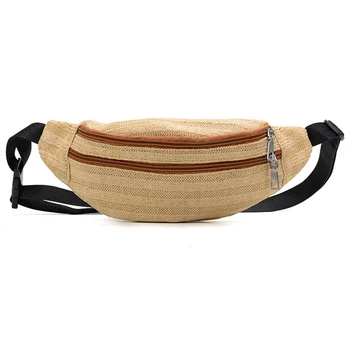 

NEW-Rattan Bag Straw Fanny Bag Women Female Belt Bag Waist Pack Chest Phone Pouch Beach Handbags Messenger Sac For Women Wicker