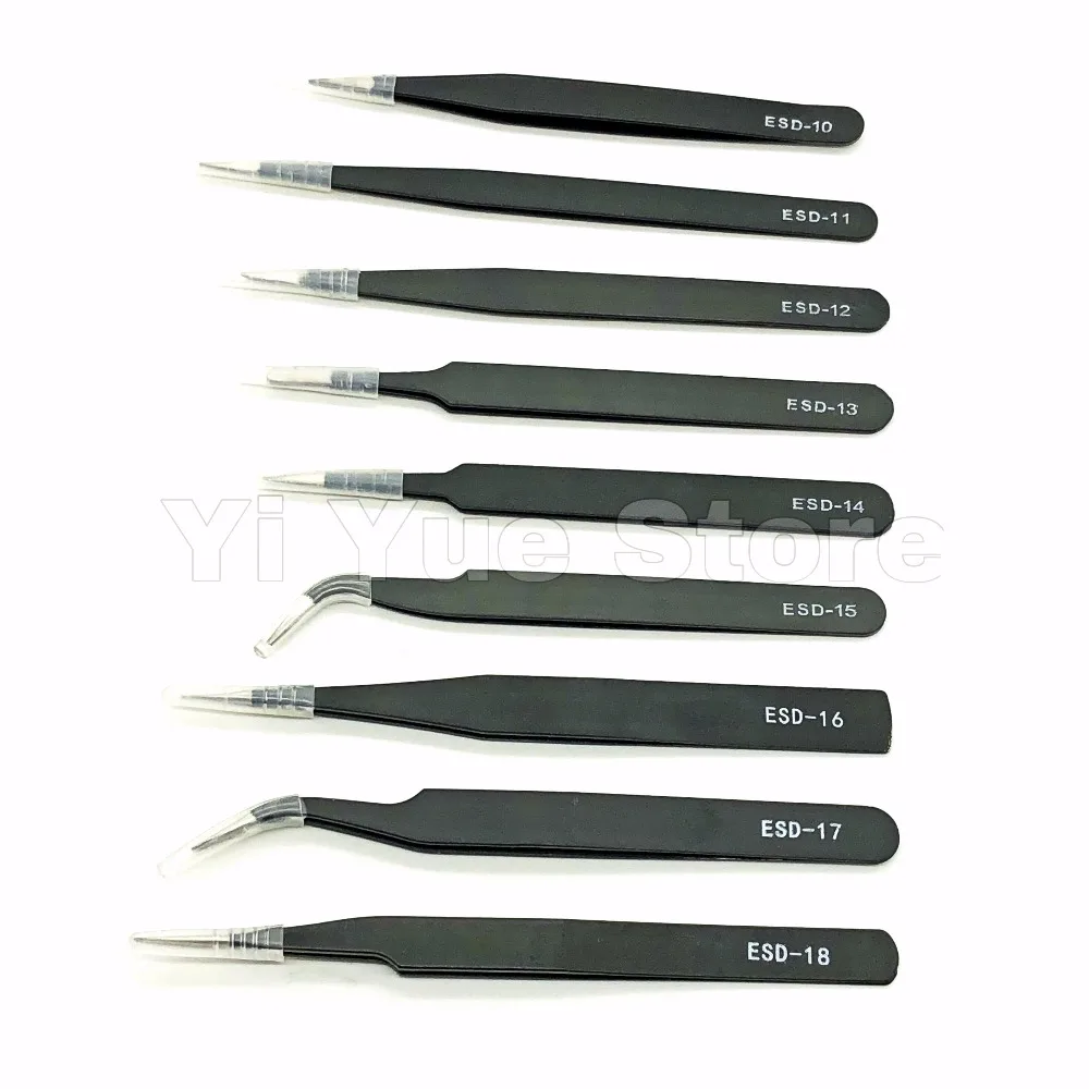 Description Picture 5 of item9 Types Anti-static ESD Stainless Steel Tweezers Maintenance Tools Industrial Precision Curved Straight Tweezers Repair Tools
