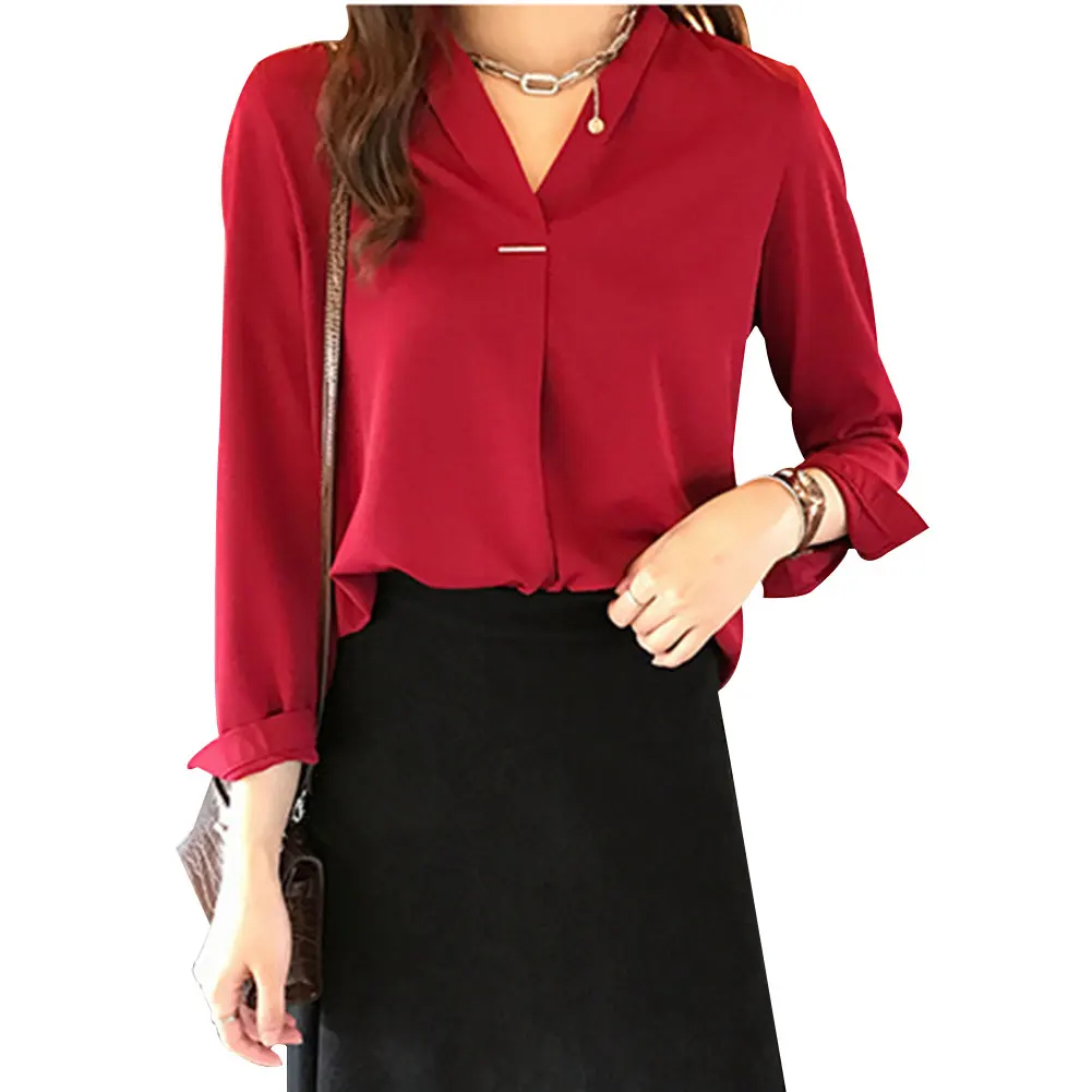 New Fashion Autumn Blouses Women Casual V Neck Shirts Long Sleeves Chiffon Tops Ladies Work Office Shirt 2020 | Женская одежда