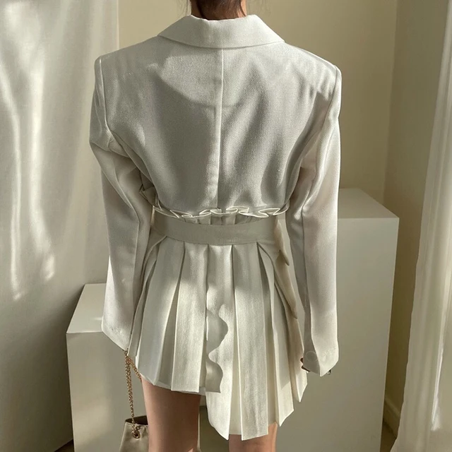 TWOTWINSTYLE Korean White Pleated Dress For Women Notched Long Sleeve High Waist Sashes Slim Mini Dresses Female 2021 Summer New 2