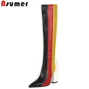 

ASUMER 2020 new knee knee boots women pointed toe ladies prom boots mixed colors elegant autumn winter boots large size 34-45