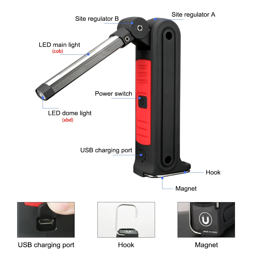 Портативный светильник-вспышка, магнитный COB фонарь, аккумулятор, встроенный USB Перезаряжаемый светодиодный светильник для ремонта автомобиля, осмотра, кемпинга