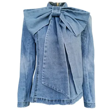 

Vintage Bow Denim Jacket Women's Jacket Stand Collar Long Sleeve Casual Ruched Denim Jackets For Female 2020 Fashion Outwear